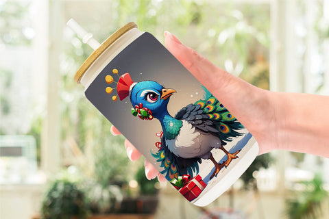 Glass Can Cartoon Christmas Peacock Sublimation artnoy 