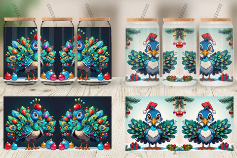 Glass Can Cartoon Christmas Peacock Sublimation artnoy 