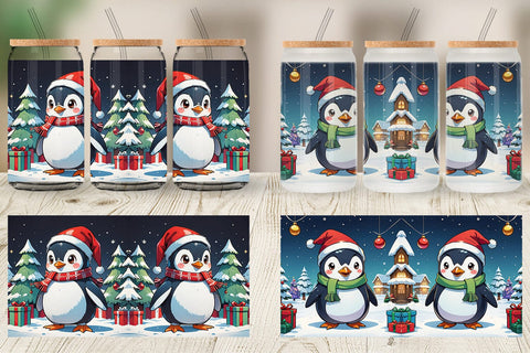 Glass Can Cartoon Christmas Penguin Sublimation artnoy 
