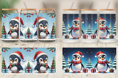 Glass Can Cartoon Christmas Penguin Sublimation artnoy 