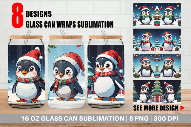 Glass Can Cartoon Christmas Penguin Sublimation artnoy 