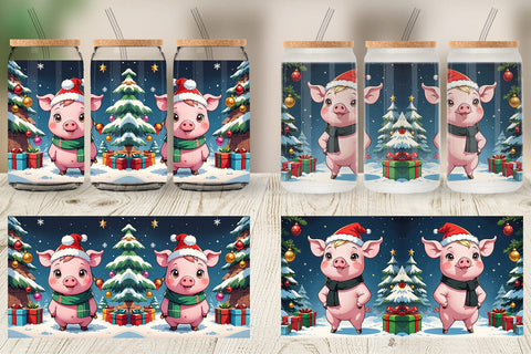 Glass Can Cartoon Christmas Pig Sublimation artnoy 