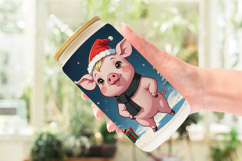 Glass Can Cartoon Christmas Pig Sublimation artnoy 
