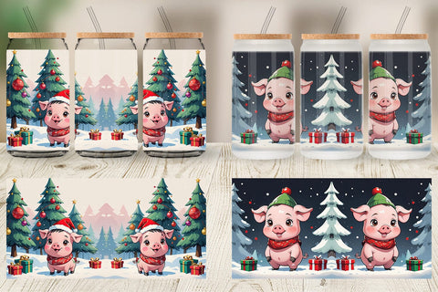 Glass Can Cartoon Christmas Pig Sublimation artnoy 