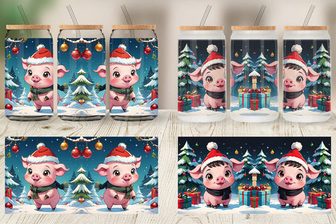 Glass Can Cartoon Christmas Pig Sublimation artnoy 
