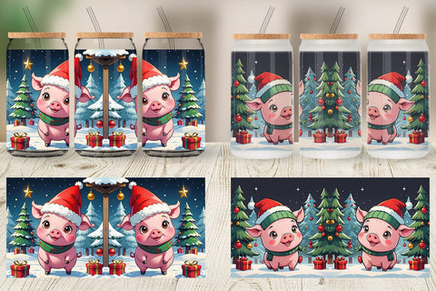 Glass Can Cartoon Christmas Pig Sublimation artnoy 