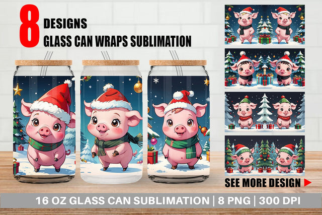 Glass Can Cartoon Christmas Pig Sublimation artnoy 