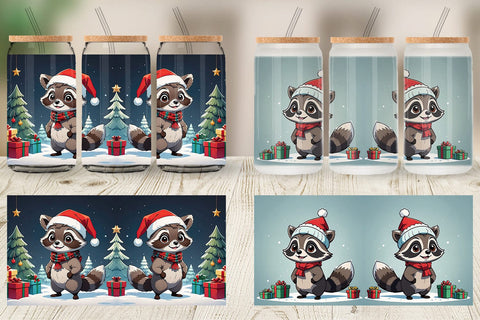 Glass Can Cartoon Christmas Raccoon Sublimation artnoy 