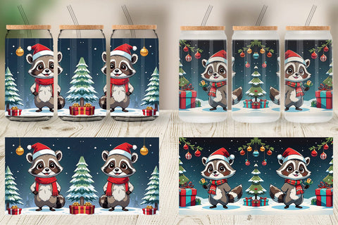 Glass Can Cartoon Christmas Raccoon Sublimation artnoy 