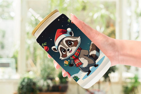 Glass Can Cartoon Christmas Raccoon Sublimation artnoy 