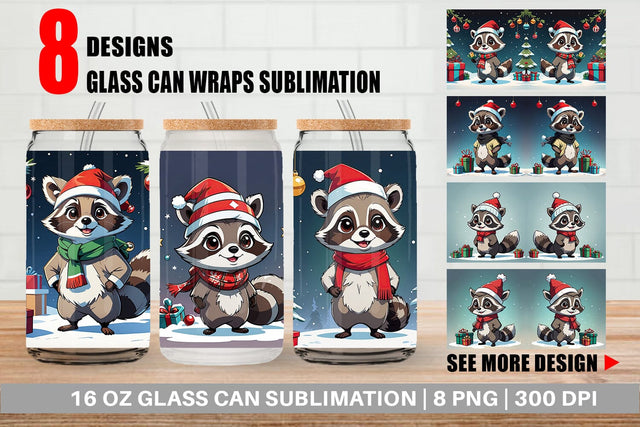 Glass Can Cartoon Christmas Raccoon Sublimation artnoy 
