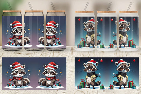 Glass Can Cartoon Christmas Raccoon Sublimation artnoy 