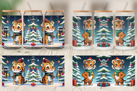 Glass Can Cartoon Christmas Tiger Sublimation artnoy 