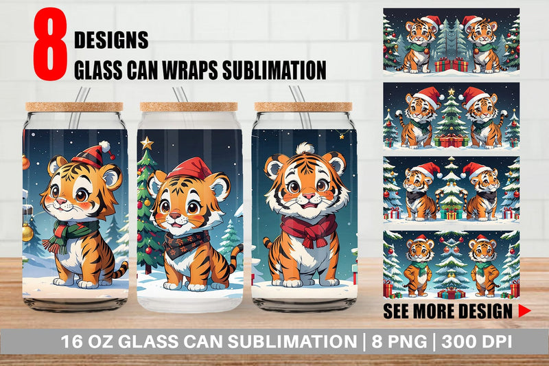 Glass Can Cartoon Christmas Tiger Sublimation artnoy 