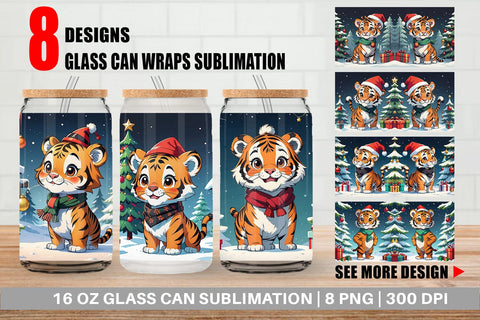 Glass Can Cartoon Christmas Tiger Sublimation artnoy 