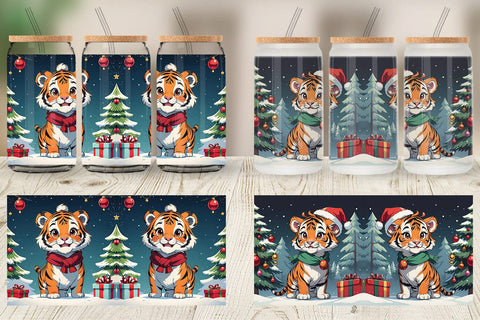 Glass Can Cartoon Christmas Tiger Sublimation artnoy 