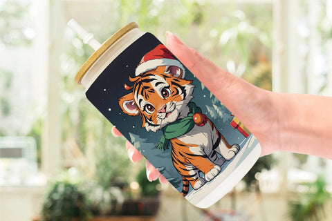 Glass Can Cartoon Christmas Tiger Sublimation artnoy 