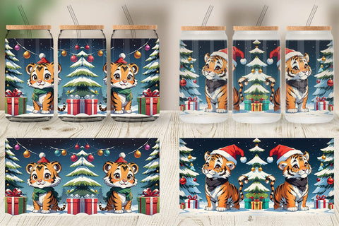 Glass Can Cartoon Christmas Tiger Sublimation artnoy 