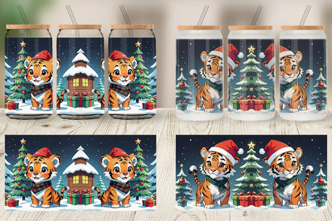 Glass Can Cartoon Christmas Tiger Sublimation artnoy 