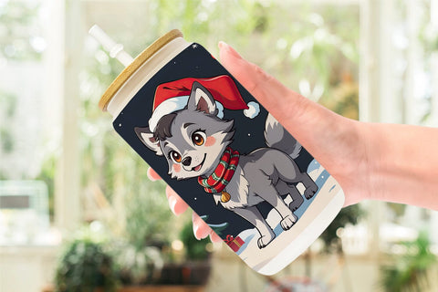Glass Can Cartoon Christmas Wolf Sublimation artnoy 