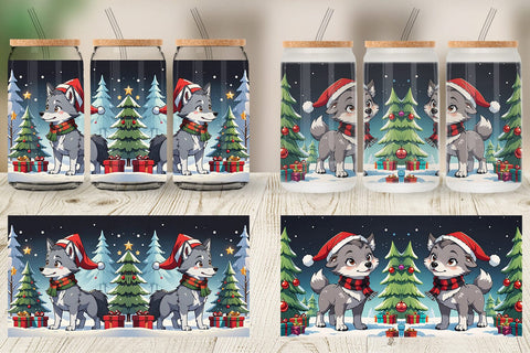 Glass Can Cartoon Christmas Wolf Sublimation artnoy 