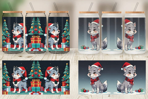 Glass Can Cartoon Christmas Wolf Sublimation artnoy 