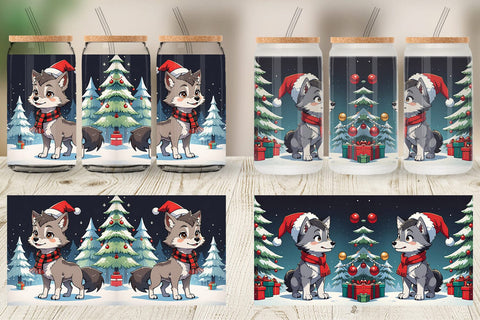 Glass Can Cartoon Christmas Wolf Sublimation artnoy 