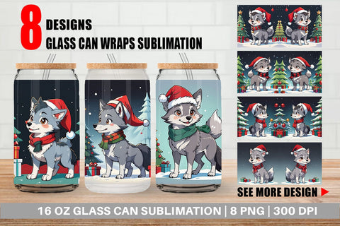 Glass Can Cartoon Christmas Wolf Sublimation artnoy 