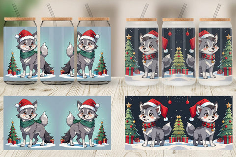 Glass Can Cartoon Christmas Wolf Sublimation artnoy 