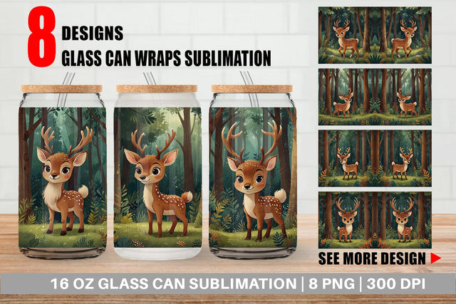 Glass Can Cartoon Deer in Forest Sublimation artnoy 
