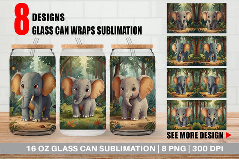 Glass Can Cartoon Elephant in Forest Sublimation artnoy 