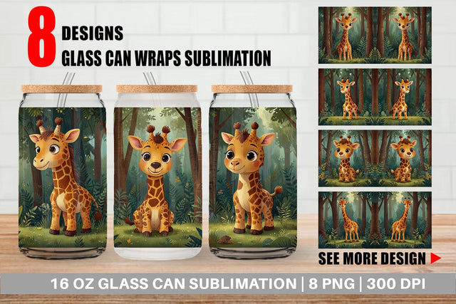 Glass Can Cartoon Giraffe in Forest Sublimation artnoy 