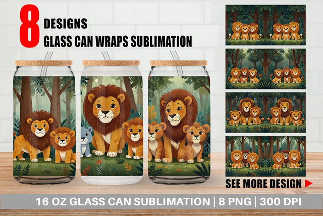 Glass Can Cartoon Lion in Forest Sublimation artnoy 