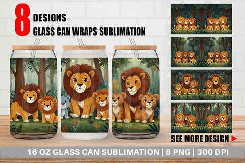 Glass Can Cartoon Lion in Forest Sublimation artnoy 