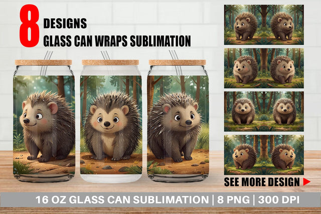 Glass Can Cartoon Porcupine in Forest Sublimation artnoy 
