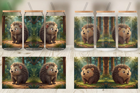 Glass Can Cartoon Porcupine in Forest Sublimation artnoy 