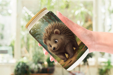Glass Can Cartoon Porcupine in Forest Sublimation artnoy 