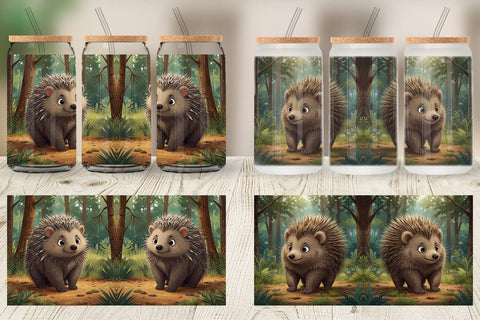 Glass Can Cartoon Porcupine in Forest Sublimation artnoy 