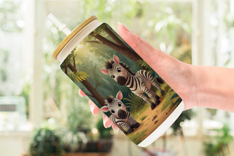 Glass Can Cartoon Zebra in Forest Sublimation artnoy 