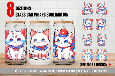 Glass Can Cat 4th July Sublimation artnoy 