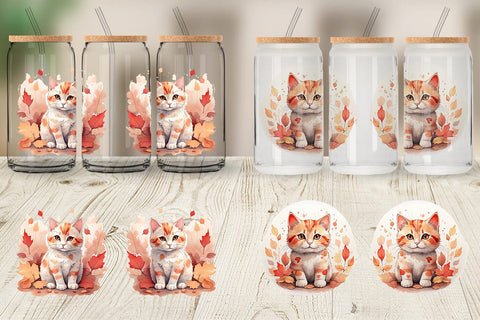 Glass Can Cat Among Falling Leaves Sublimation artnoy 