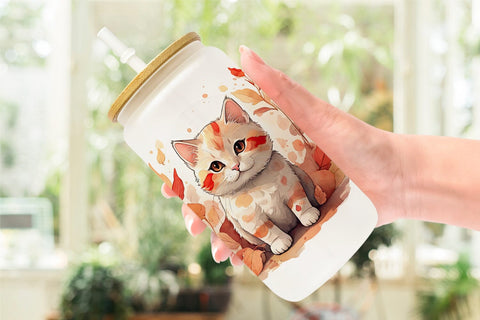 Glass Can Cat Among Falling Leaves Sublimation artnoy 