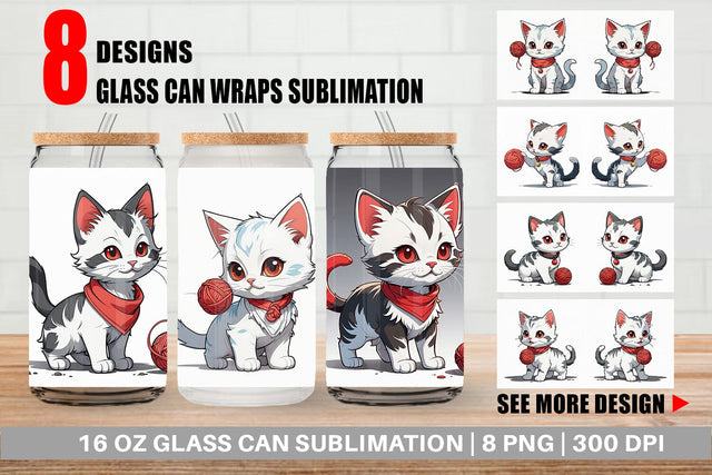 Glass Can Cat and Yarn Ball Sublimation artnoy 
