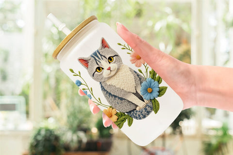 Glass Can Cat Embroidery Sublimation artnoy 
