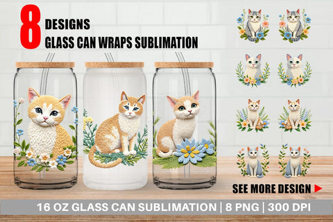Glass Can Cat Embroidery Sublimation artnoy 