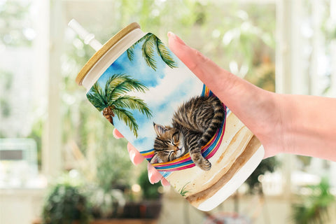 Glass Can Cat in Summer Hammock Sublimation artnoy 