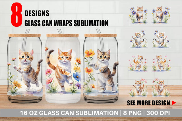 Glass Can Cat in Summer Watercolor Sublimation artnoy 