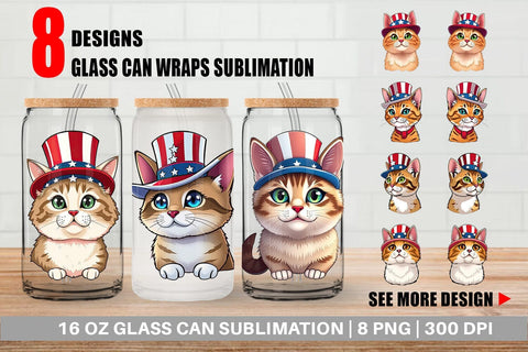 Glass Can Cat Patriotic Sublimation artnoy 
