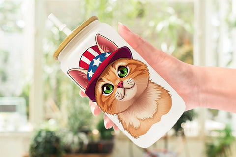 Glass Can Cat Patriotic Sublimation artnoy 