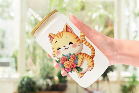 Glass Can Cat Spring Bouquet Sublimation artnoy 
